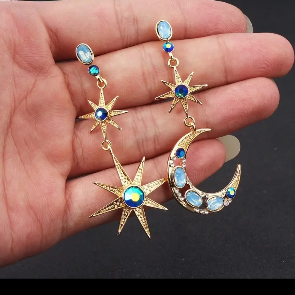 Gold and Blue Celestial Earrings Stainless Steel